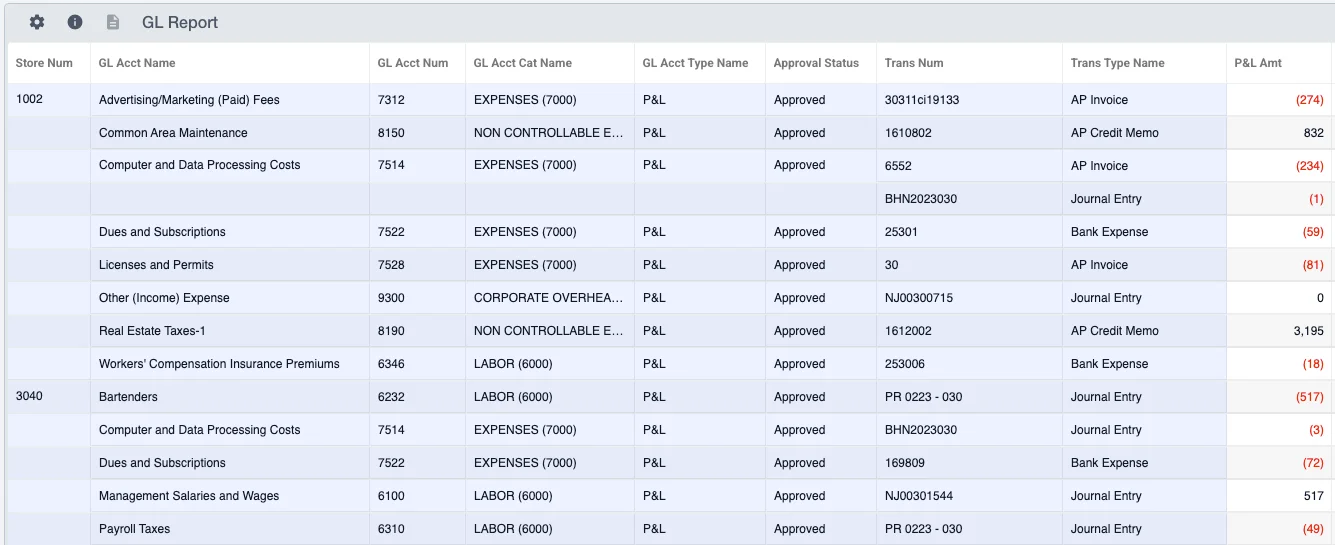 Mirus GL Report: general ledger lines for stores 1002 and 3040, one row per account and transaction, with the GL account name, the transaction type (AP invoice, AP credit memo, journal entry or bank expense) and the P&L amount. Negative amounts are red, in brackets.